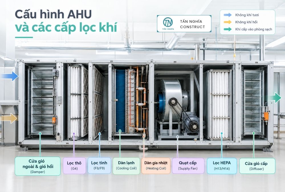 Các cấp lọc khí và vị trí bộ lọc HEPA trong hệ thống AHU nhà máy dược phẩm.