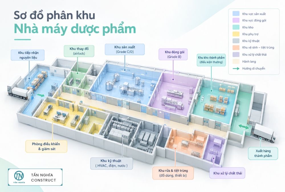 Sơ đồ lựa chọn AHU theo khu vực sản xuất thuốc viên và thuốc tiêm trong nhà máy dược phẩm.