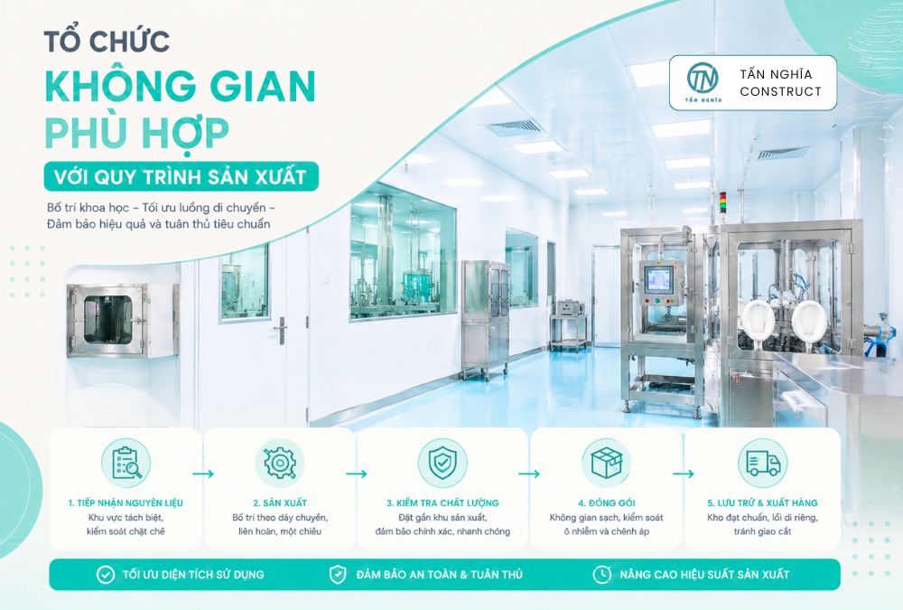 Tổ chức không gian phù hợp với quy trình sản xuất dược phẩm