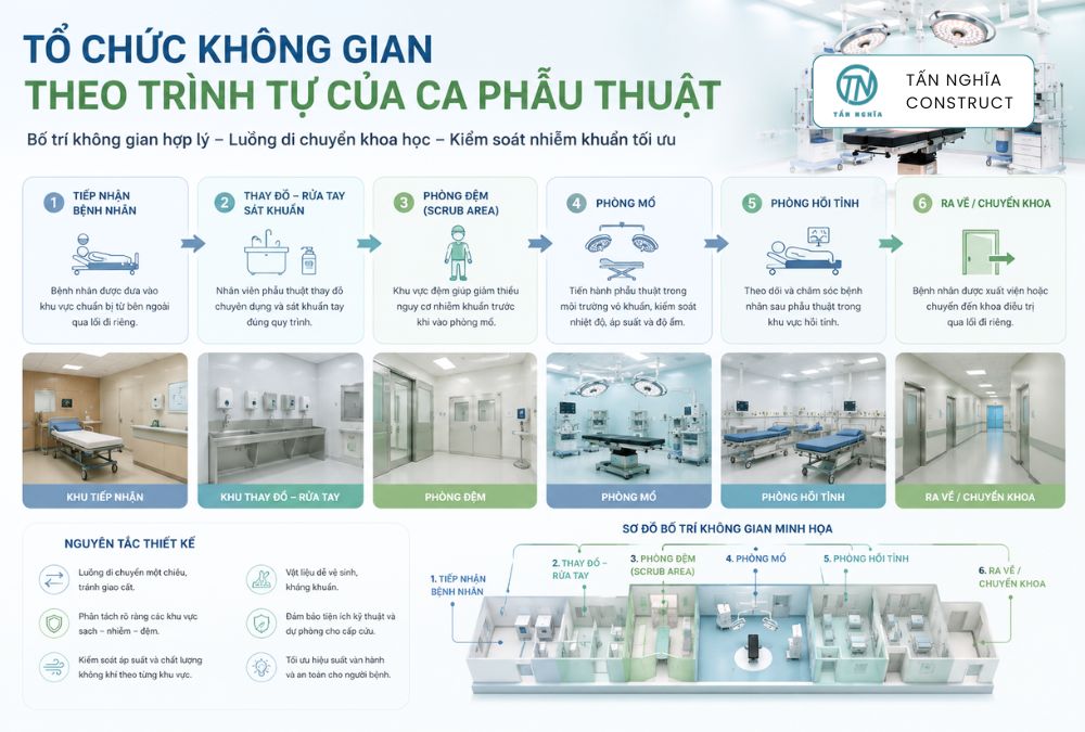 Tổ chức không gian phòng mổ theo trình tự của ca phẫu thuật